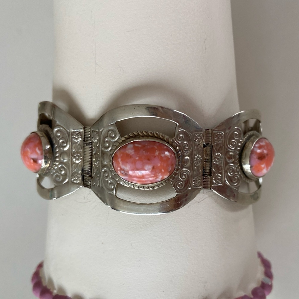 Taxco Vintage Silver and Pink Coral Bracelet with Ornate Design Sterling 925